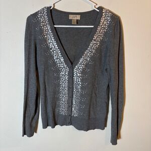 LOFT Gray Sequin Embellished Cardigan Sweater V Neck Button Front Extra Small XS